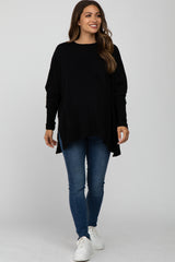 Black Soft Brushed Knit Dolman Sleeve Side Slit Maternity Top