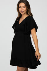 Black Smocked Front Ruffle Hem Maternity Dress