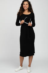 Black Ribbed Knit Tie Front Midi Dress