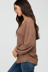 Brown Waffle Knit Button Accent Top