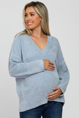 Light Blue Chenille V-Neck Maternity Sweater