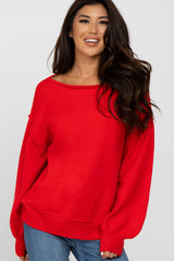 Red Boat Neck Bubble Sleeve Sweater