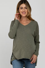 Olive Heathered Hi-Low Maternity Long Sleeve Top
