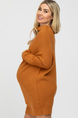 Camel Funnel Neck Dolman Sleeve Maternity Mini Dress