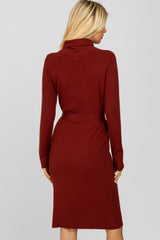 Burgundy Ribbed Turtleneck Sweater Dress