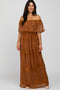Camel Lace Overlay Off Shoulder Flounce Maxi Dress