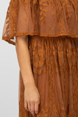 Camel Lace Overlay Off Shoulder Flounce Maxi Dress