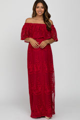 Burgundy  Lace Overlay Off Shoulder Flounce Maternity Maxi Dress