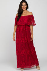 Burgundy  Lace Overlay Off Shoulder Flounce Maternity Maxi Dress
