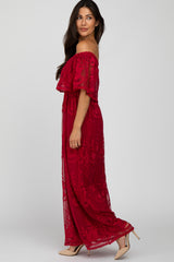 Burgundy  Lace Overlay Off Shoulder Flounce Maxi Dress