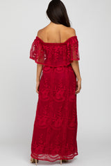 Burgundy  Lace Overlay Off Shoulder Flounce Maxi Dress
