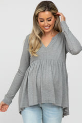 Grey Knit Split Neckline Long Sleeve Maternity Top