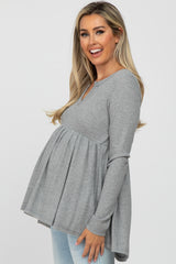 Grey Knit Split Neckline Long Sleeve Maternity Top