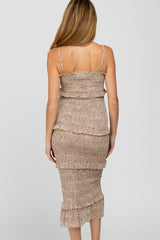 Taupe Animal Print Smocked Fitted Maternity Midi Dress