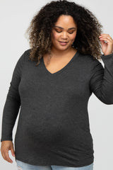 Charcoal V-Neck Round Hem Long Sleeve Maternity Plus Top