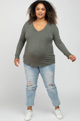 Olive V-Neck Round Hem Long Sleeve Maternity Plus Top