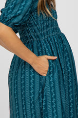 Teal Leaf Print Smocked Maternity Midi Dress