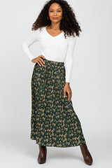 Forest Green Floral Pleated Skirt