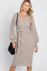 Taupe Brushed Wrap Front Tie Side Slit Midi Dress