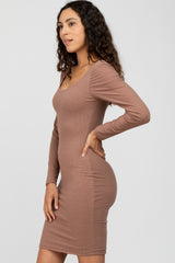 Mocha Ribbed Fitted Long Sleeve Dress