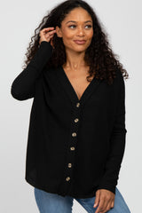 Black Waffle Knit Button Front Top