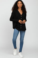 Black Waffle Knit Button Front Top