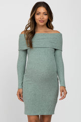 Mint Green Soft Ribbed Folded Neck Off Shoulder Maternity Dress