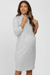 Heather Grey Brushed Mock Neck Fitted Maternity Dress