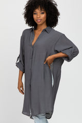 Charcoal Button Front Side Slit Oversized Blouse