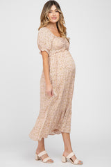 Pink Floral Sweetheart Neck Maternity Midi Dress