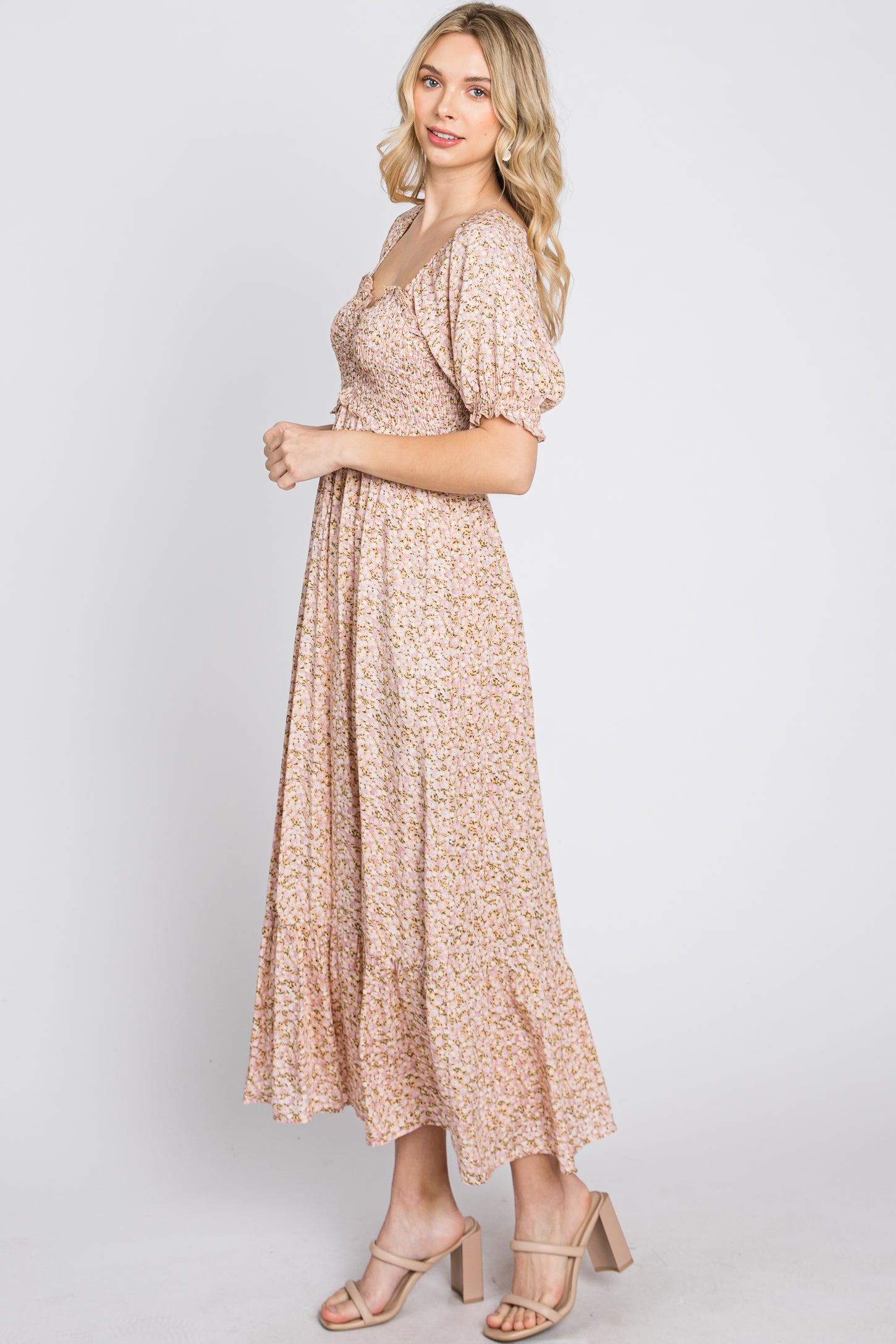 Pink Floral Sweetheart Neck Midi Dress