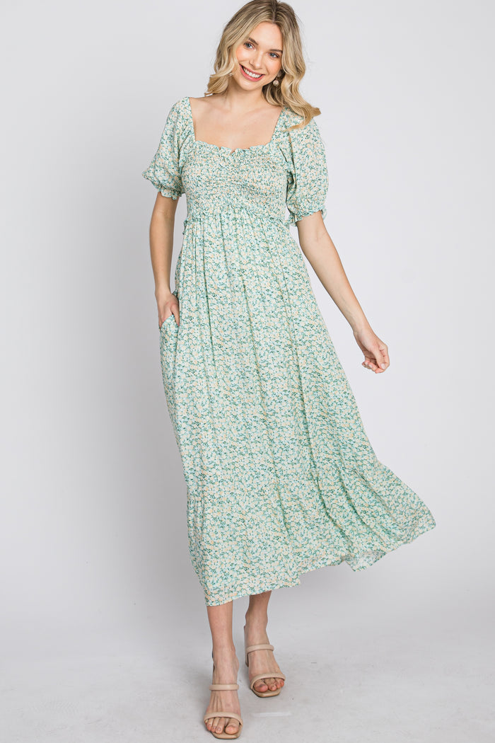 Mint Floral Sweetheart Neck Midi Dress