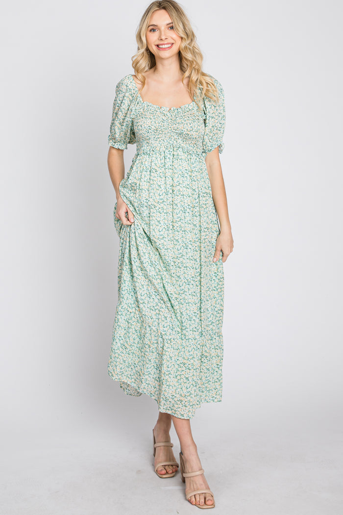 Mint Floral Sweetheart Neck Midi Dress