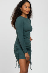 Green Ribbed Long Sleeve Ruched Dress