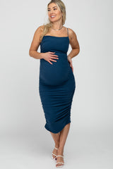 Dark Teal Ruched Fitted Maternity Dress