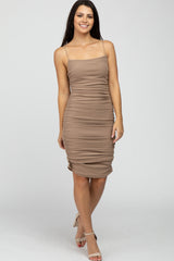 Taupe Ruched Fitted Dress