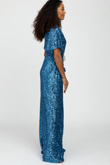 Blue Sequin Short Sleeve Maxi Dress