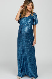 Blue Sequin Short Sleeve Maternity Maxi Dress