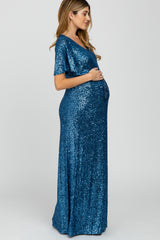 Blue Sequin Short Sleeve Maternity Maxi Dress