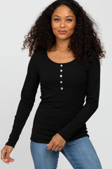 Black Ribbed Button Accent Top