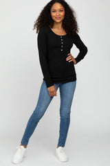 Black Ribbed Button Accent Top