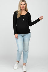 Black Ribbed Button Accent Maternity Top