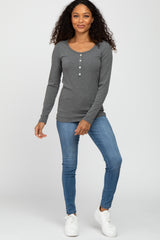Charcoal Ribbed Button Accent Top