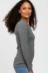 Charcoal Ribbed Button Accent Top