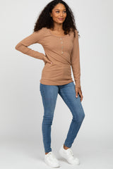 Mocha Ribbed Button Accent Top