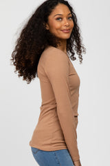 Mocha Ribbed Button Accent Top