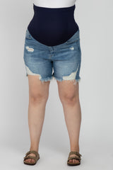 Blue Distressed Maternity Plus Jean Shorts