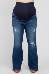 Navy Blue Distressed Flare Leg Maternity Plus Jeans