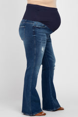 Navy Blue Distressed Flare Leg Maternity Plus Jeans