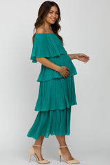 Jade Solid Off Shoulder Pleated Ruffle Maternity Midi Dress